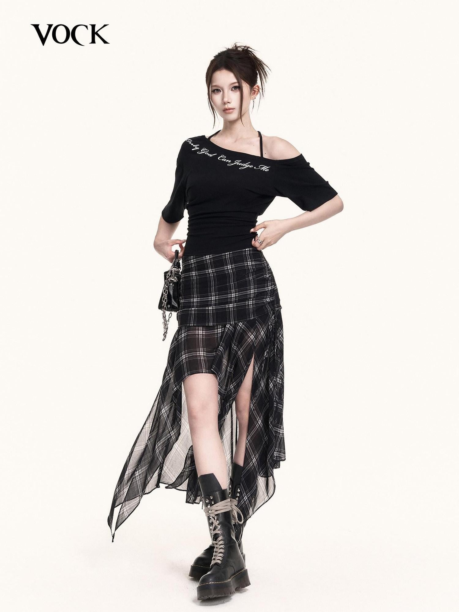 VOCK Checkered Asymmetric Pleated Side Slit A Line Women's Polyester Midi Skirts
