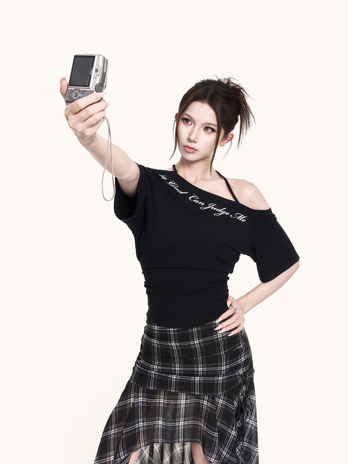 VOCK Checkered Asymmetric Pleated Side Slit A Line Women's Polyester Midi Skirts