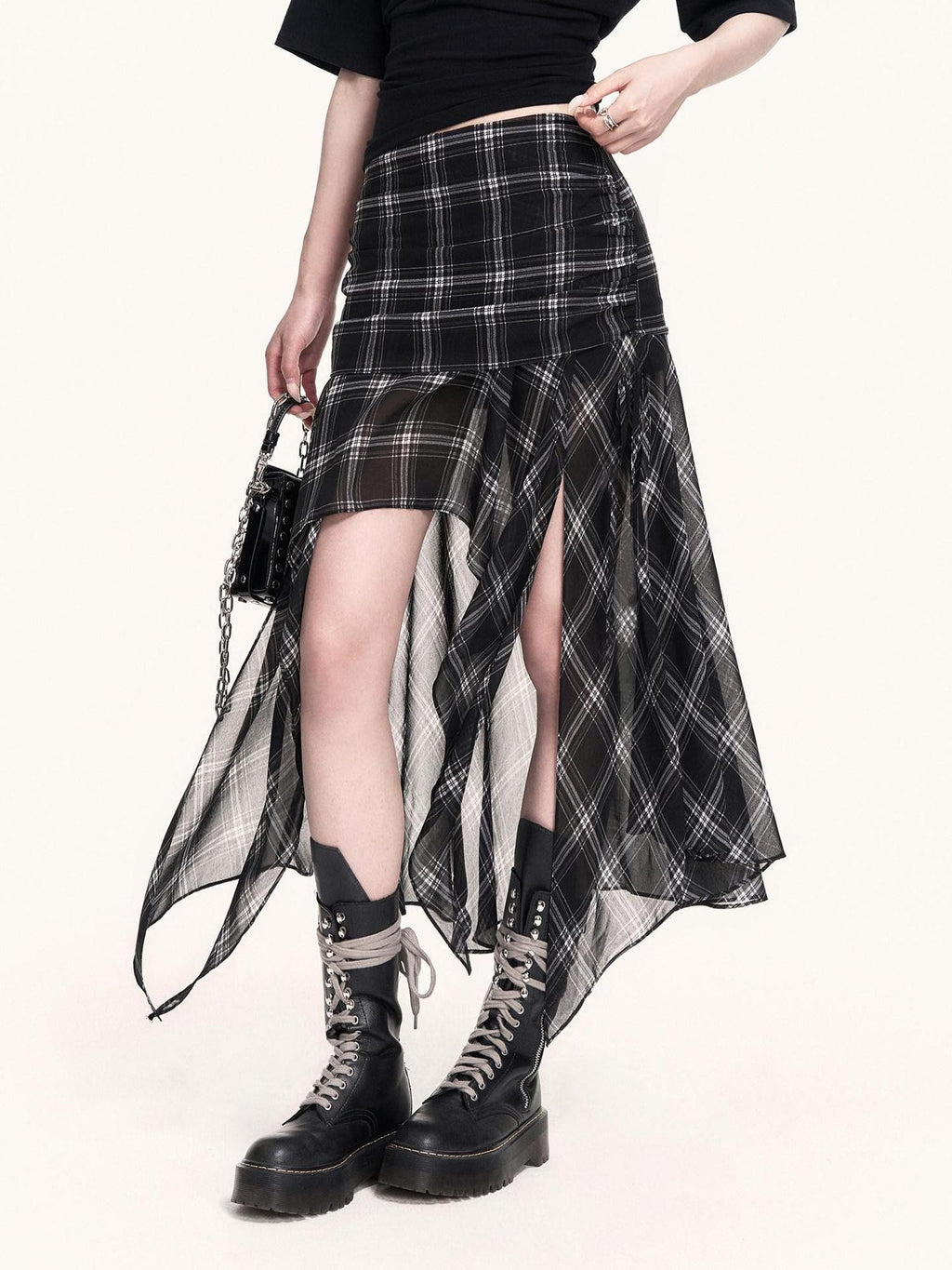 VOCK Checkered Asymmetric Pleated Side Slit A Line Women's Polyester Midi Skirts
