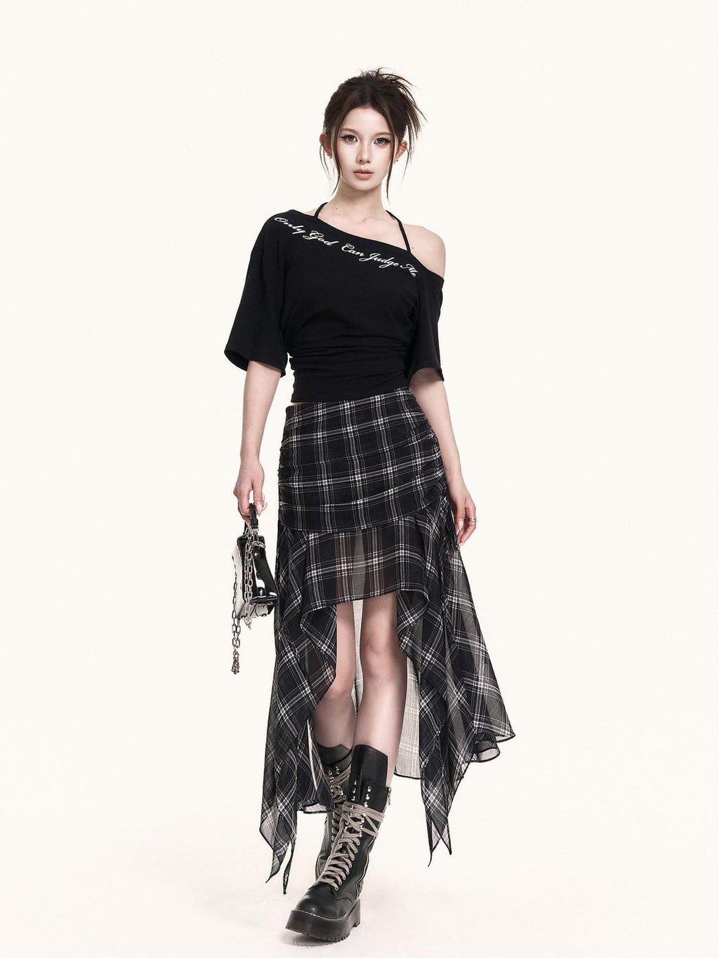 VOCK Checkered Asymmetric Pleated Side Slit A Line Women's Polyester Midi Skirts
