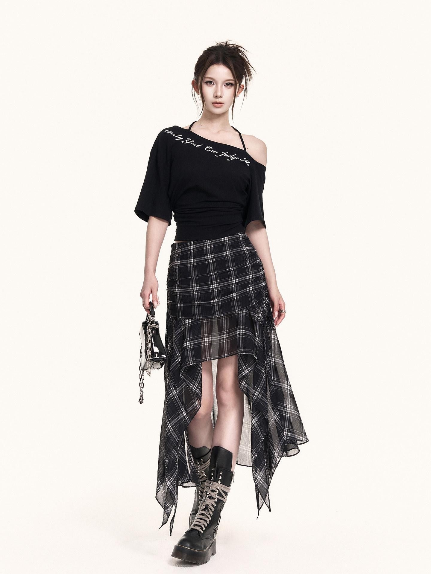 VOCK Checkered Asymmetric Pleated Side Slit A Line Women's Polyester Midi Skirts