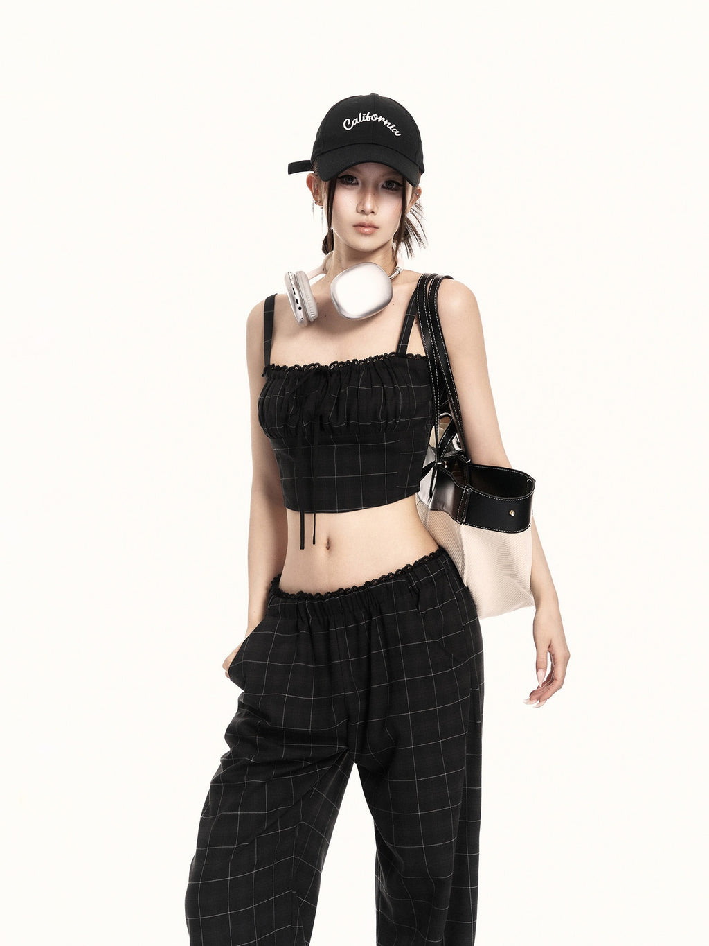 VOCK_Checkered_Camisole_Wide_Leg_Loose_Women's_Casual_Top_&_Pants_Sets_1035083623425_MISSTT