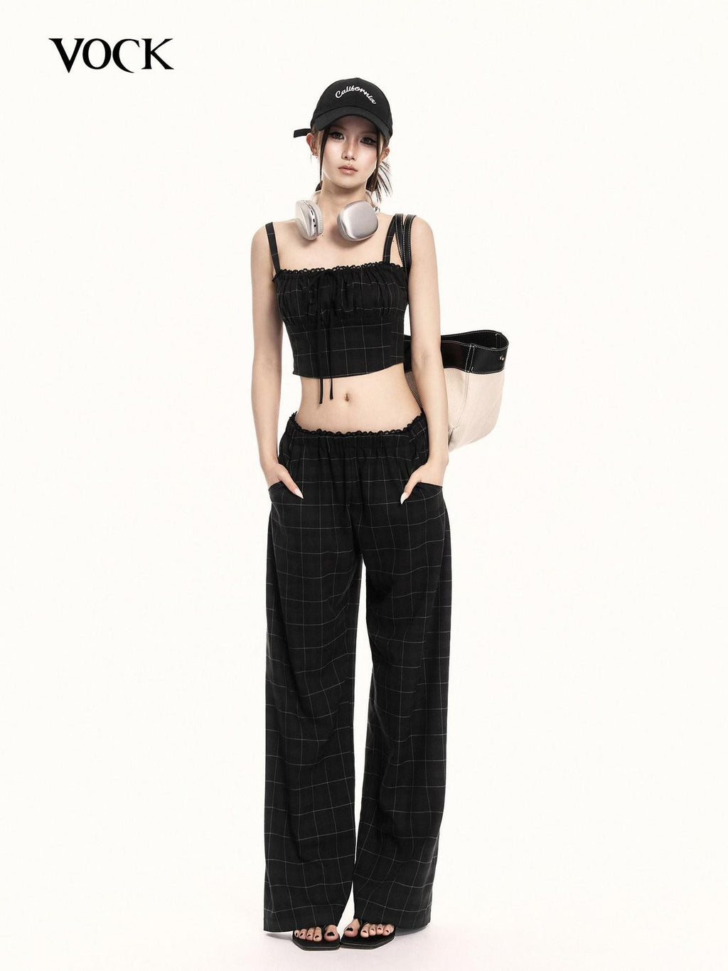 VOCK Checkered Camisole Wide Leg Loose Women's Casual Top & Pants Sets