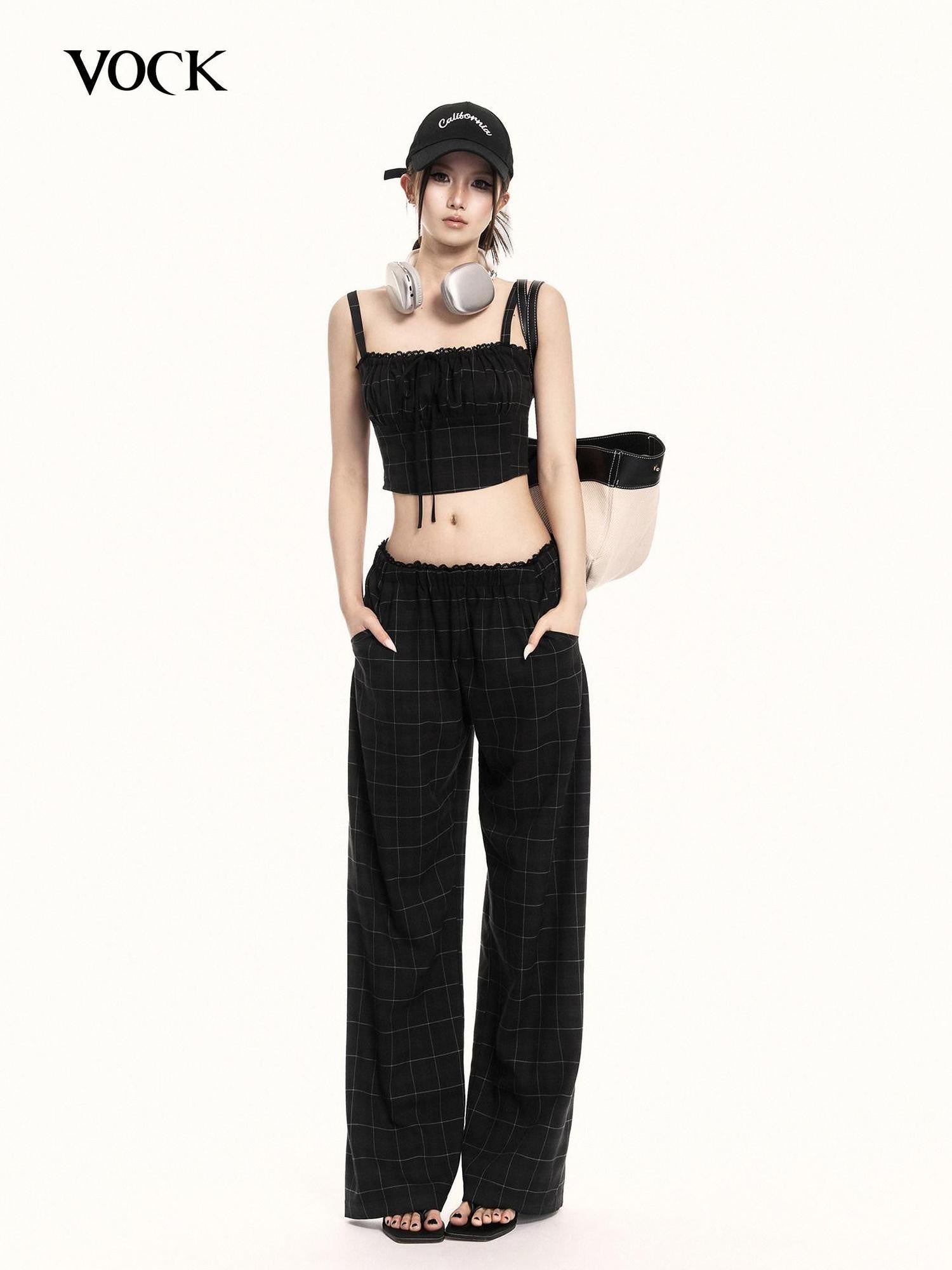 VOCK Checkered Camisole Wide Leg Loose Women's Casual Top & Pants Sets