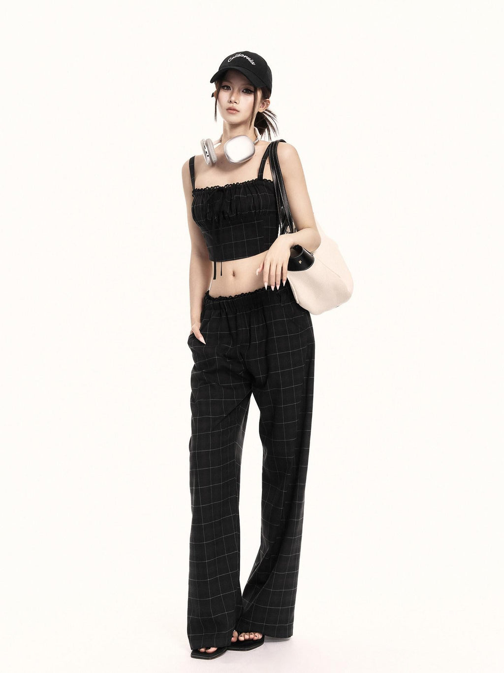 VOCK Checkered Camisole Wide Leg Loose Women's Casual Top & Pants Sets