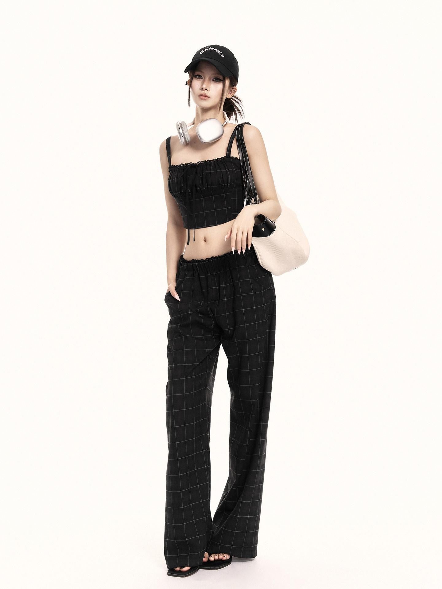 VOCK Checkered Camisole Wide Leg Loose Women's Casual Top & Pants Sets