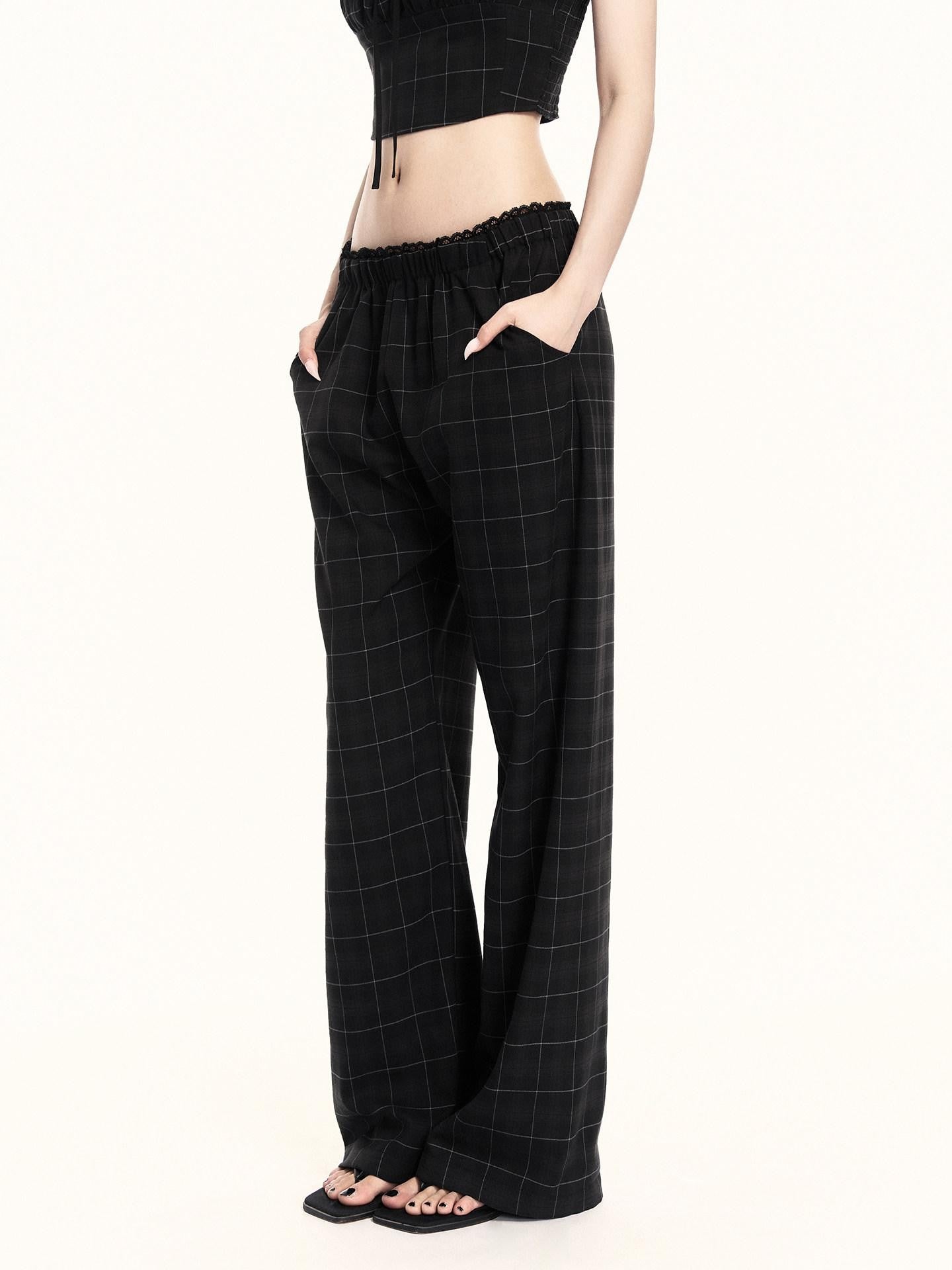 VOCK Checkered Camisole Wide Leg Loose Women's Casual Top & Pants Sets