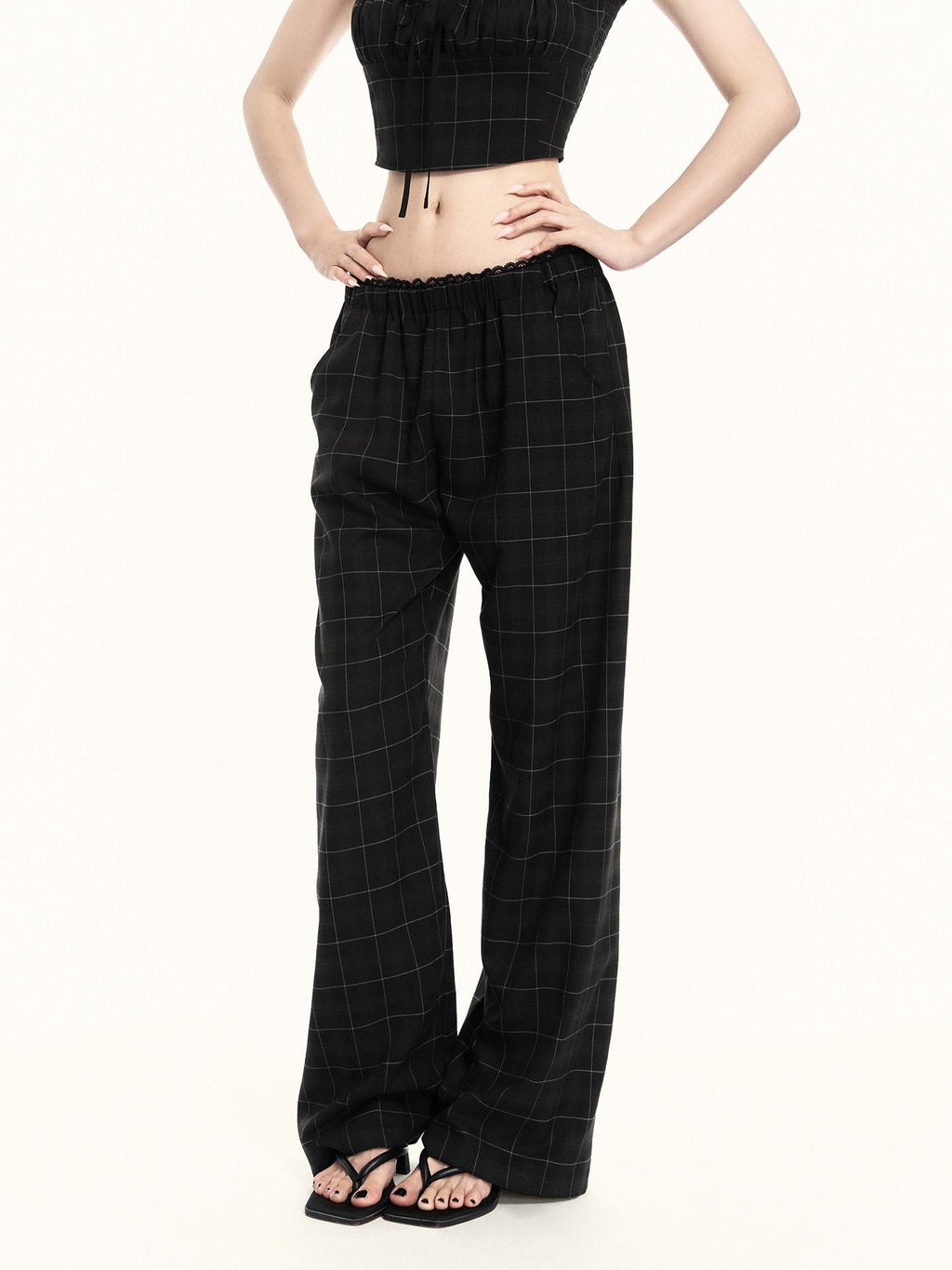 VOCK Checkered Camisole Wide Leg Loose Women's Casual Top & Pants Sets