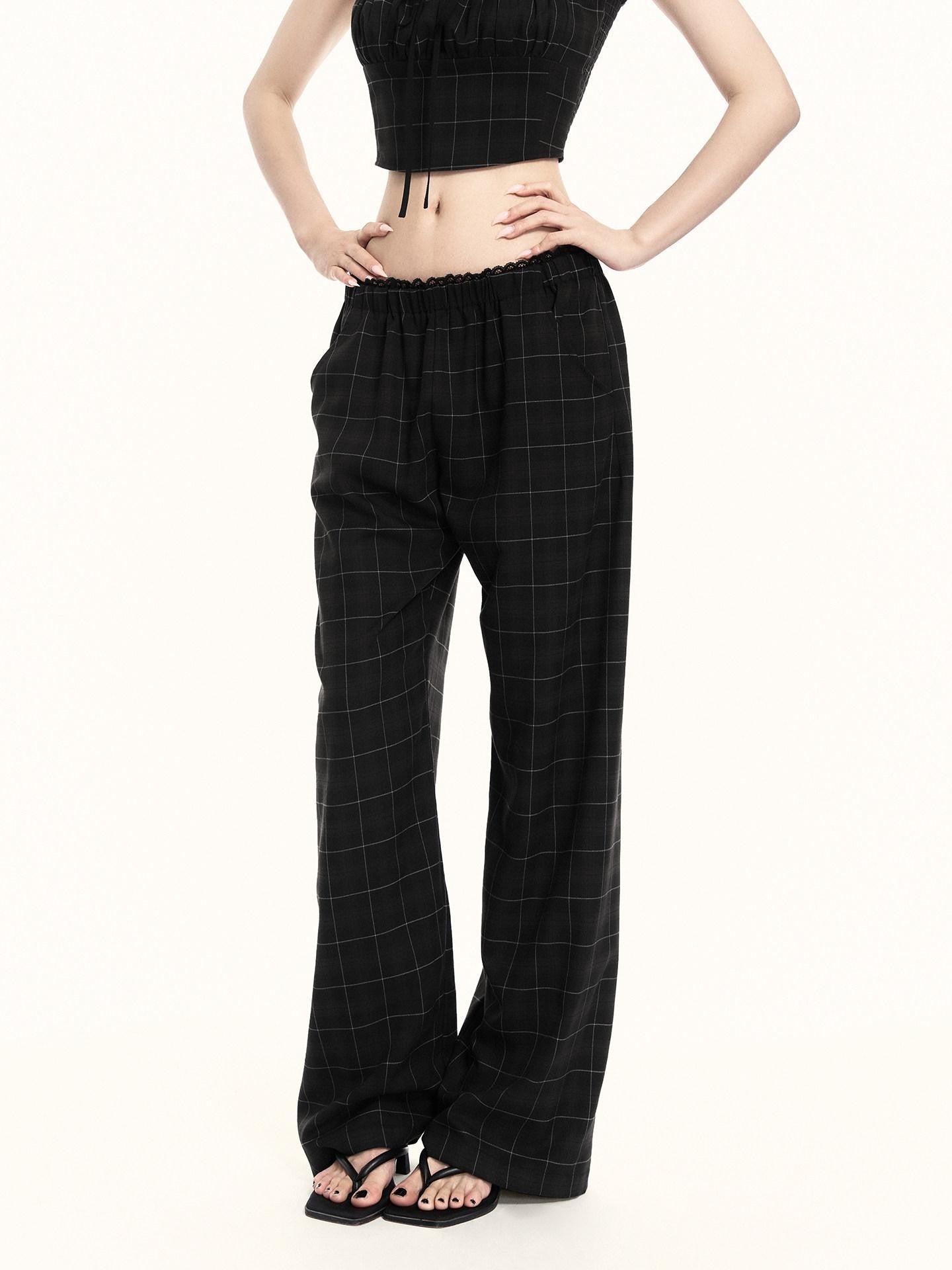 VOCK Checkered Camisole Wide Leg Loose Women's Casual Top & Pants Sets