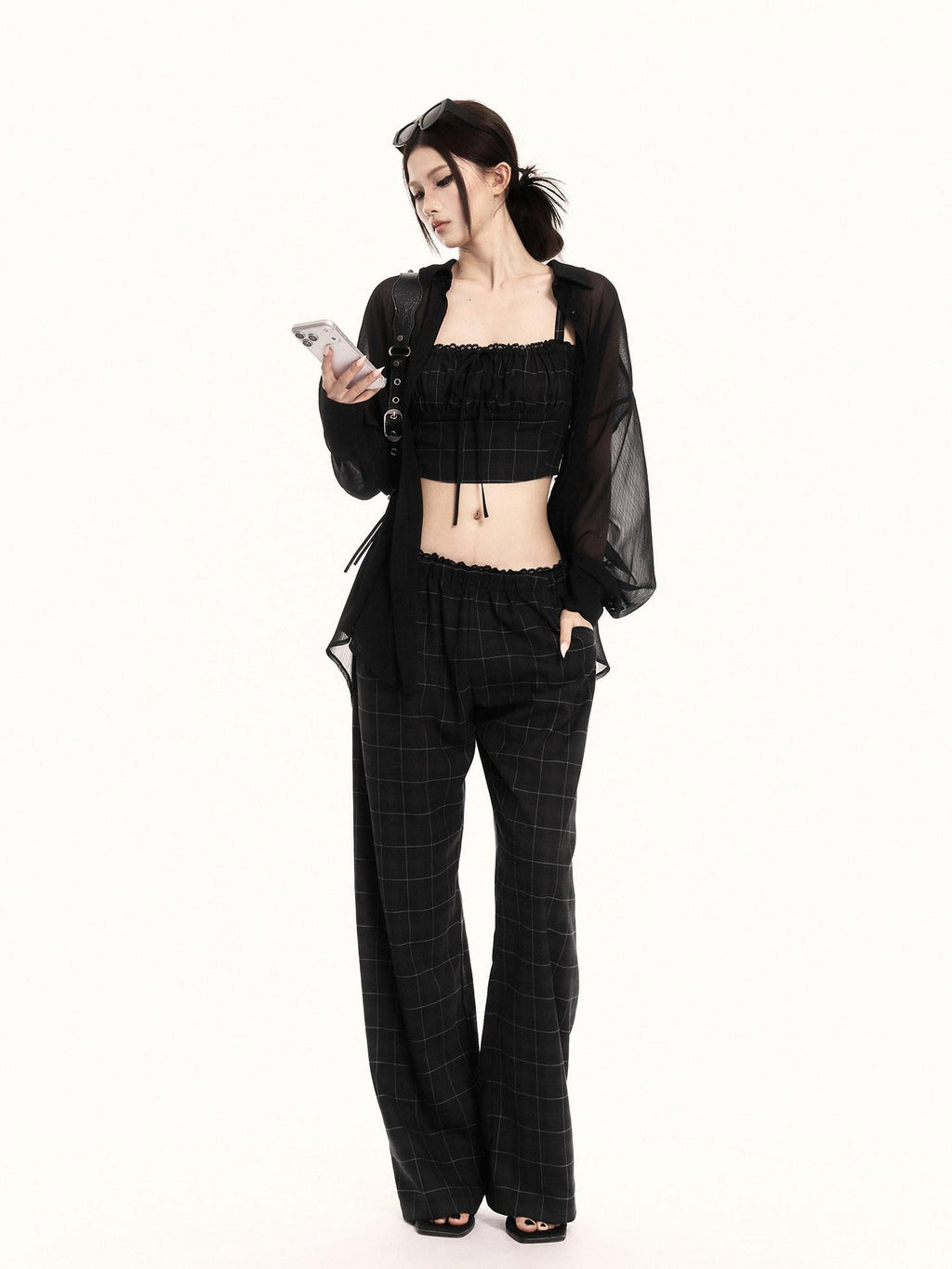 VOCK Checkered Camisole Wide Leg Loose Women's Casual Top & Pants Sets