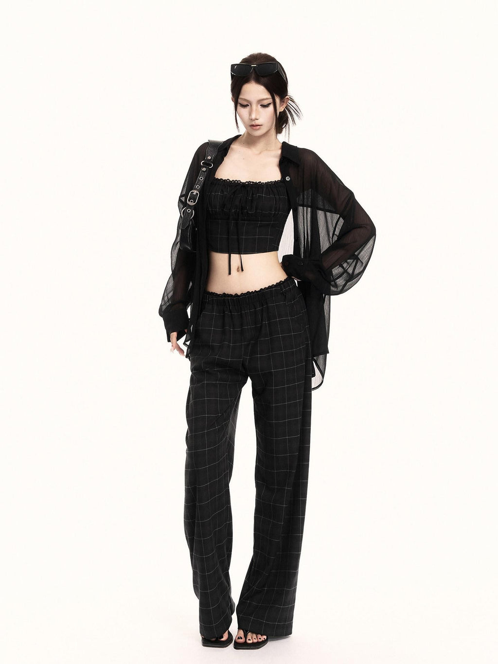 VOCK Checkered Camisole Wide Leg Loose Women's Casual Top & Pants Sets
