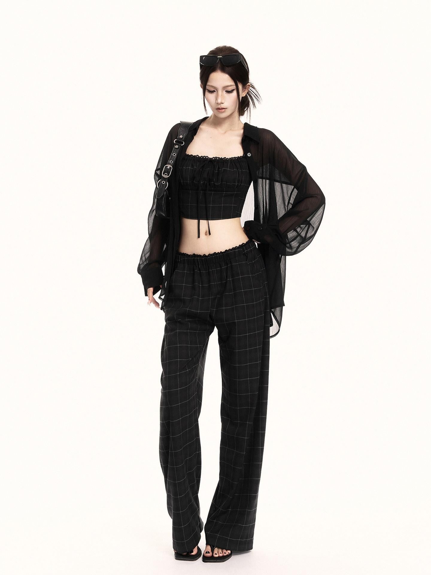 VOCK Checkered Camisole Wide Leg Loose Women's Casual Top & Pants Sets