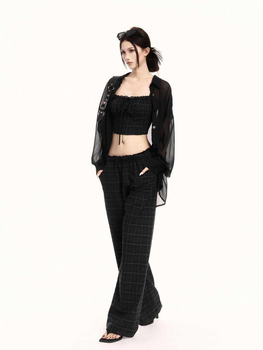 VOCK Checkered Camisole Wide Leg Loose Women's Casual Top & Pants Sets