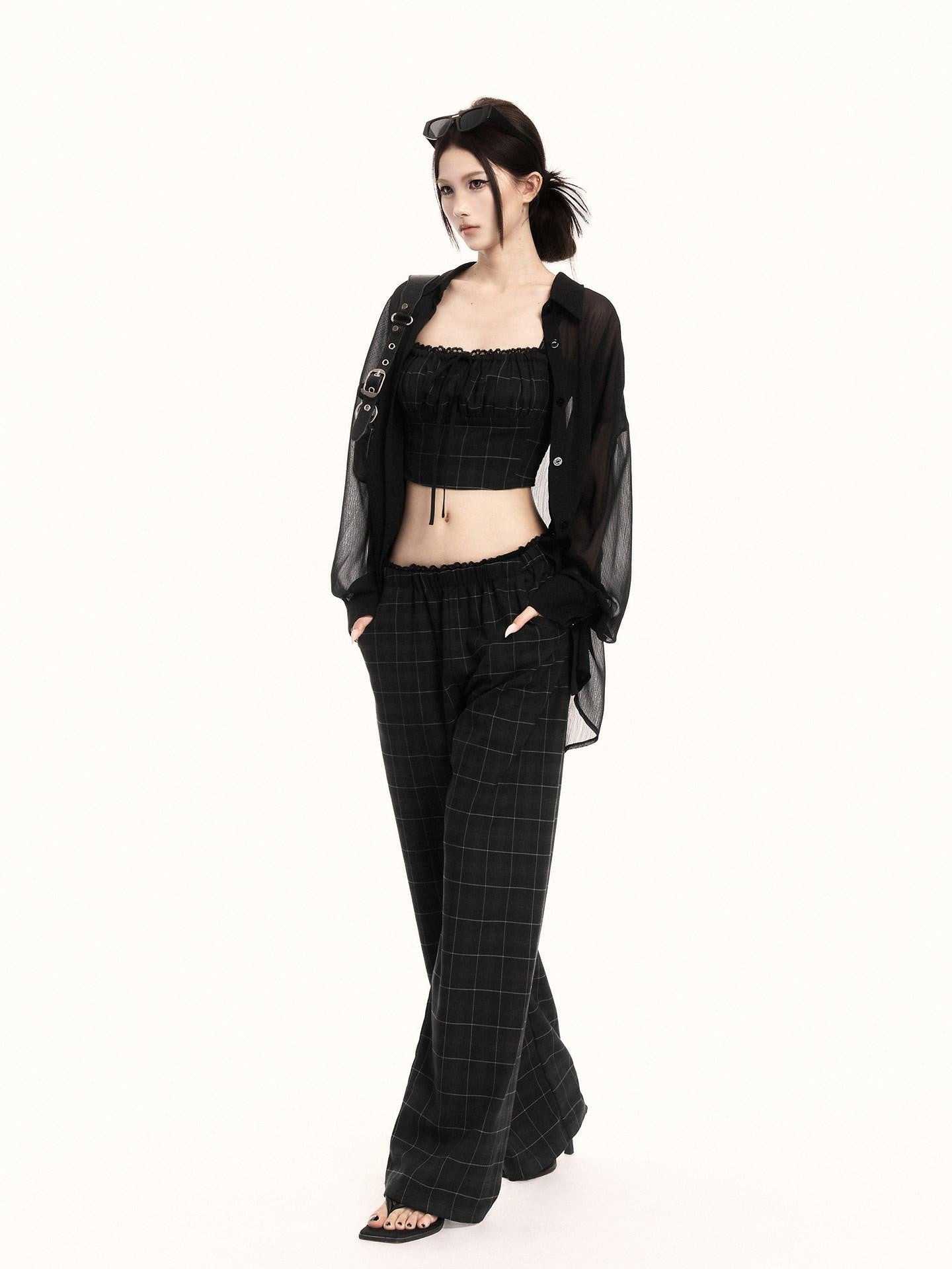VOCK Checkered Camisole Wide Leg Loose Women's Casual Top & Pants Sets