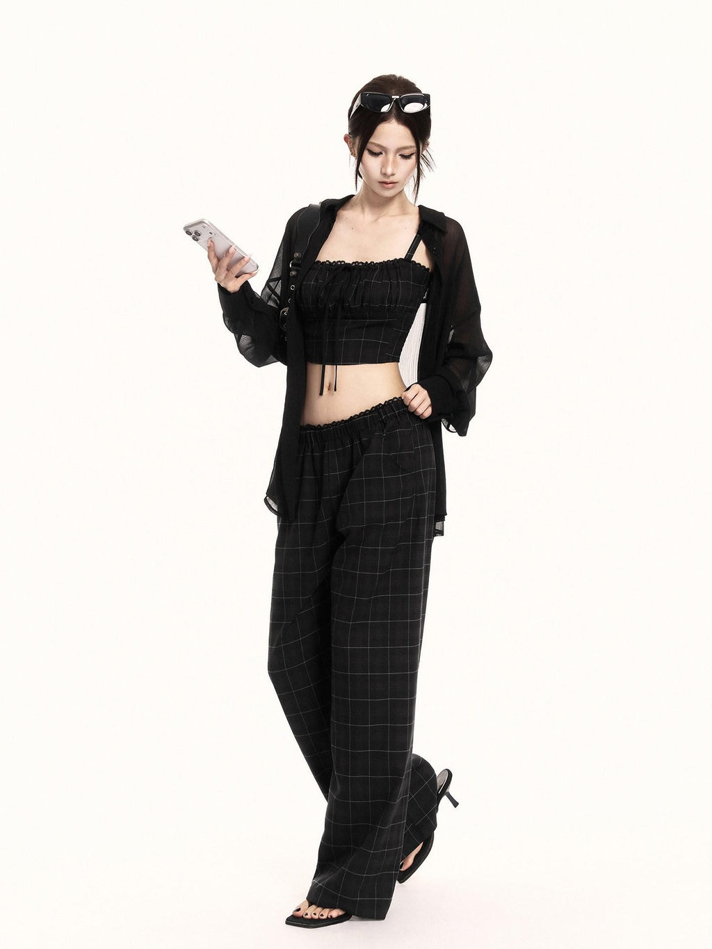 VOCK Checkered Camisole Wide Leg Loose Women's Casual Top & Pants Sets