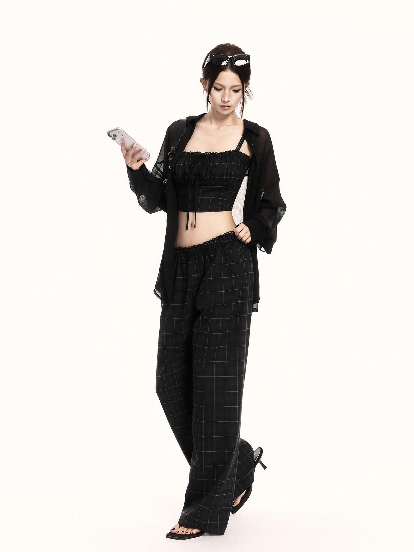 VOCK Checkered Camisole Wide Leg Loose Women's Casual Top & Pants Sets