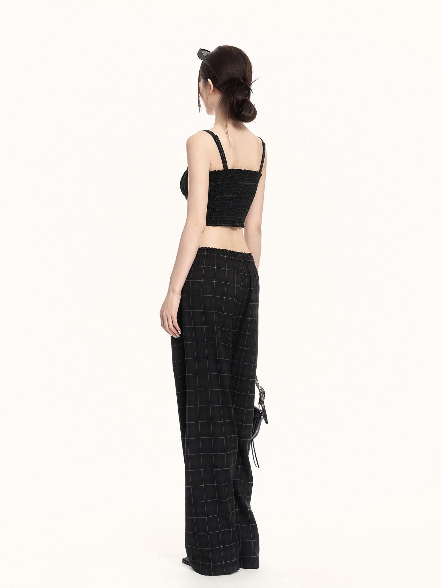 VOCK Checkered Camisole Wide Leg Loose Women's Casual Top & Pants Sets