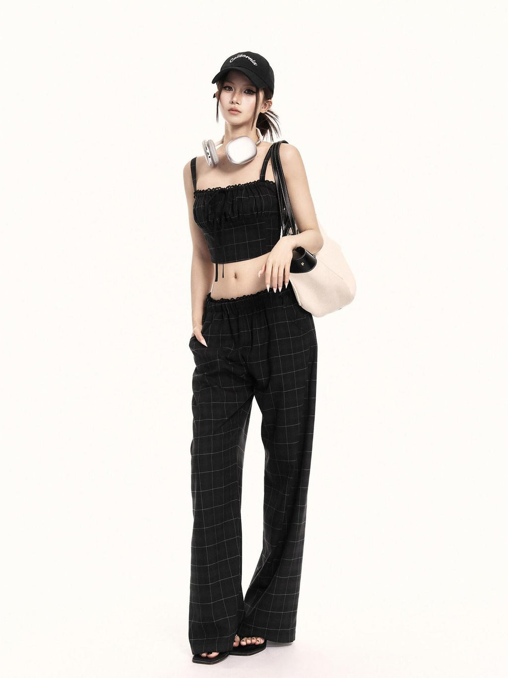 VOCK Checkered Camisole Wide Leg Loose Women's Casual Top & Pants Sets