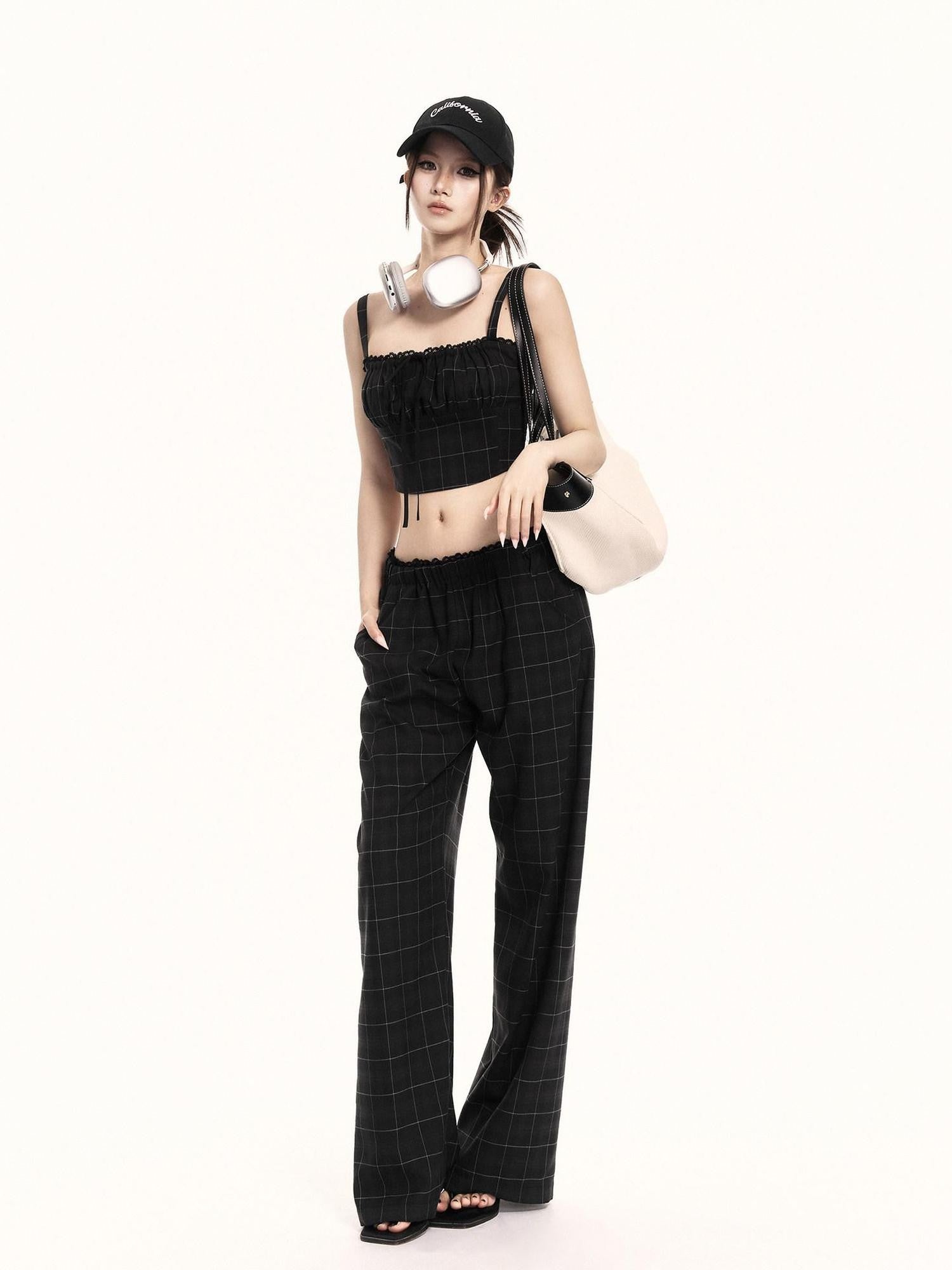 VOCK Checkered Camisole Wide Leg Loose Women's Casual Top & Pants Sets