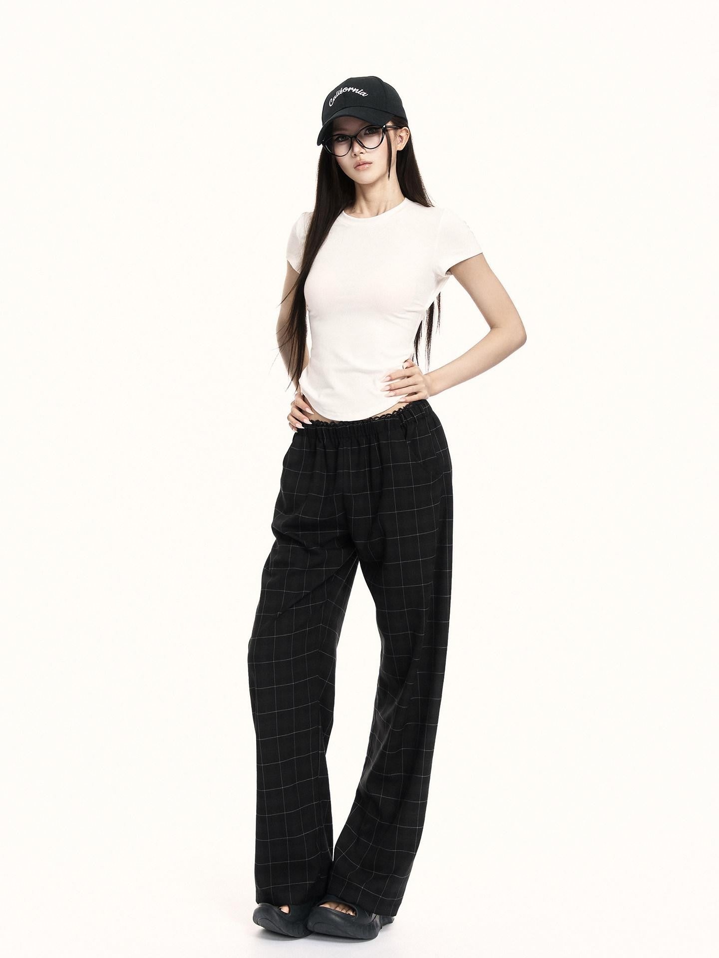 VOCK Checkered Camisole Wide Leg Loose Women's Casual Top & Pants Sets
