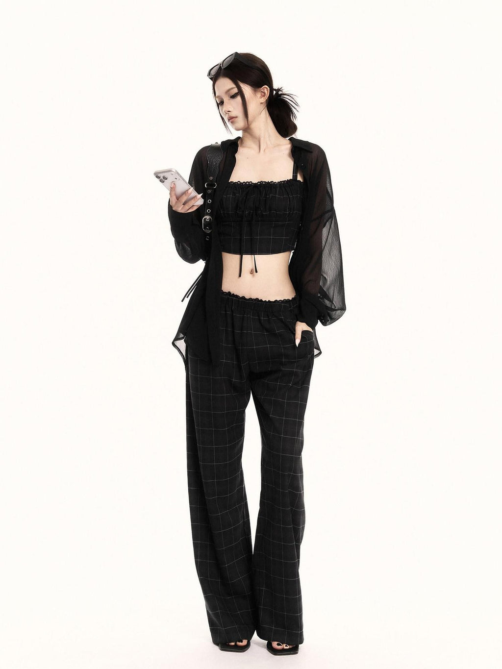 VOCK Checkered Camisole Wide Leg Loose Women's Casual Top & Pants Sets
