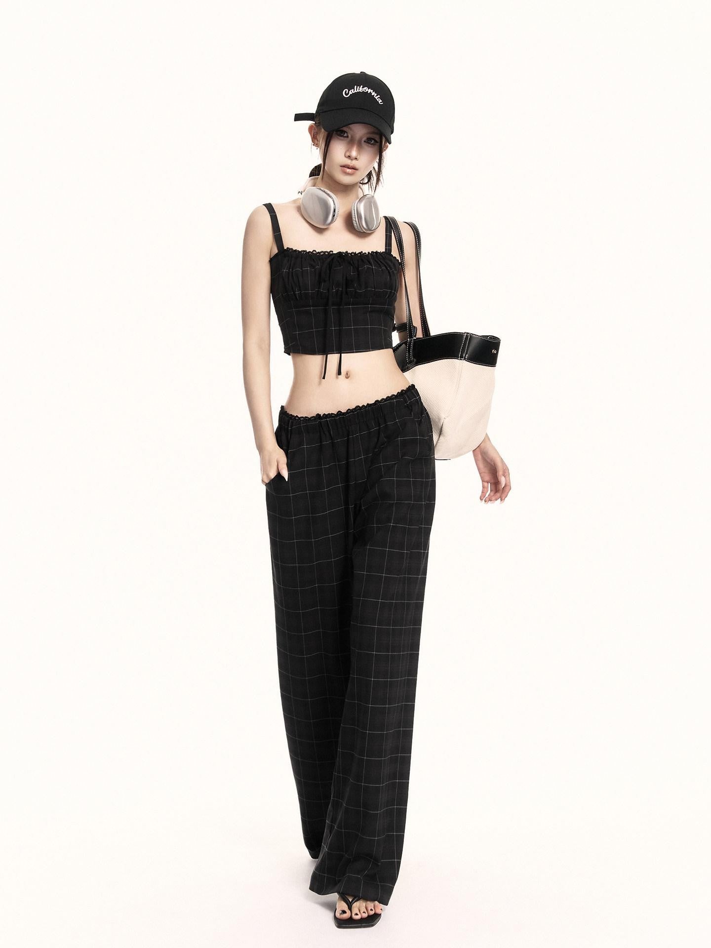 VOCK Checkered Camisole Wide Leg Loose Women's Casual Top & Pants Sets