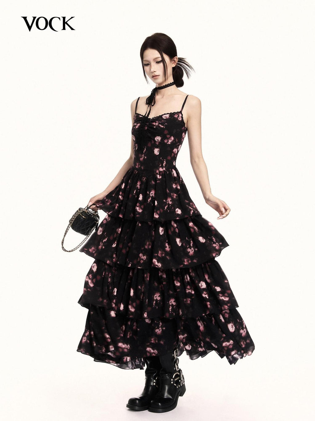VOCK Cherry Blossom Floral Spaghetti Strap Women's Polyester Boho Maxi Dresses