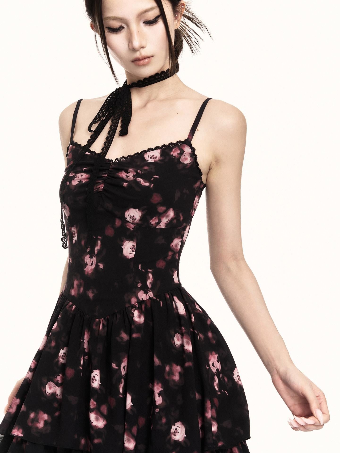 VOCK Cherry Blossom Floral Spaghetti Strap Women's Polyester Boho Maxi Dresses