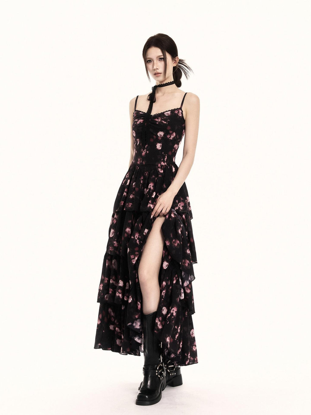 VOCK Cherry Blossom Floral Spaghetti Strap Women's Polyester Boho Maxi Dresses