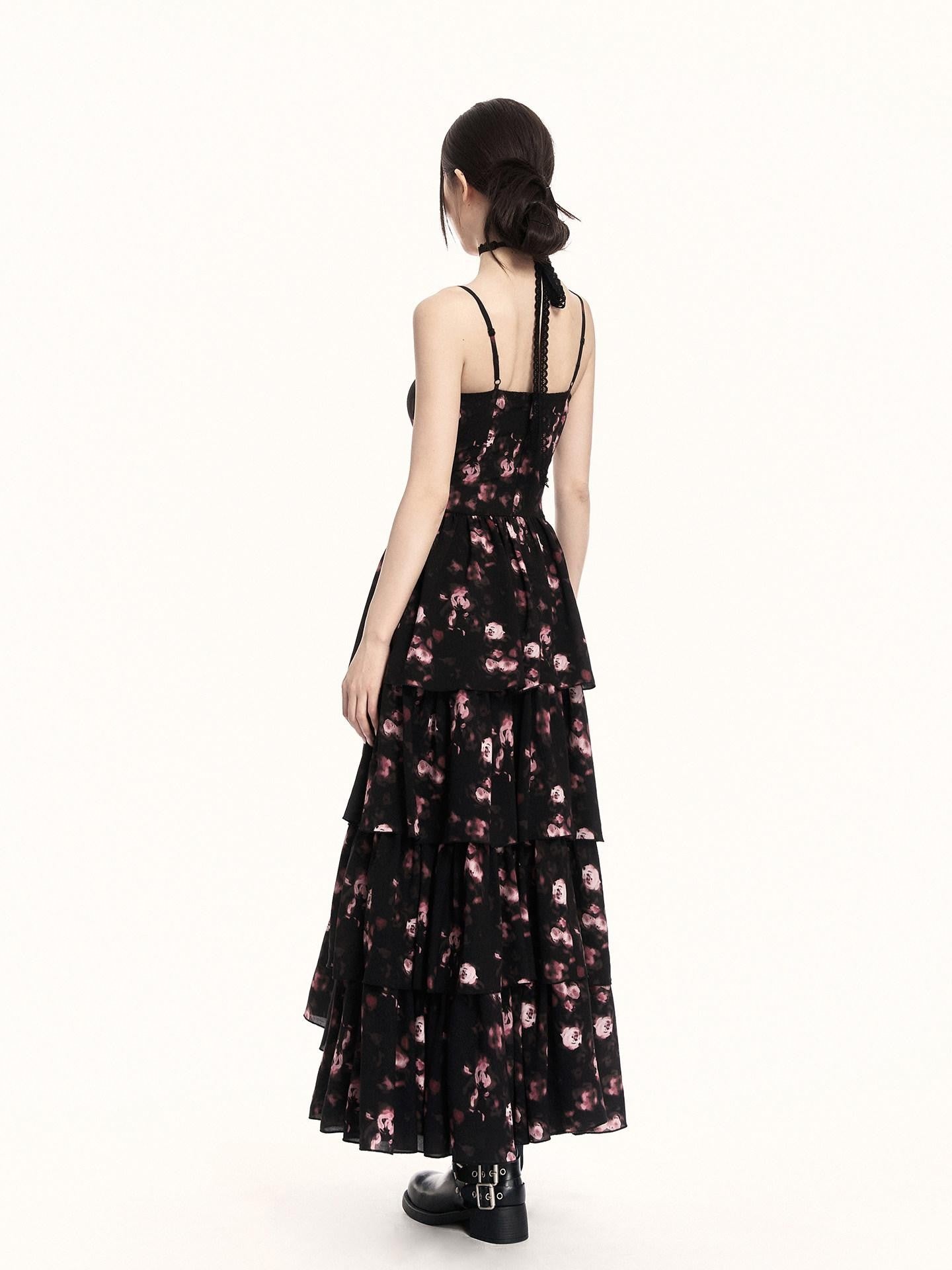 VOCK Cherry Blossom Floral Spaghetti Strap Women's Polyester Boho Maxi Dresses