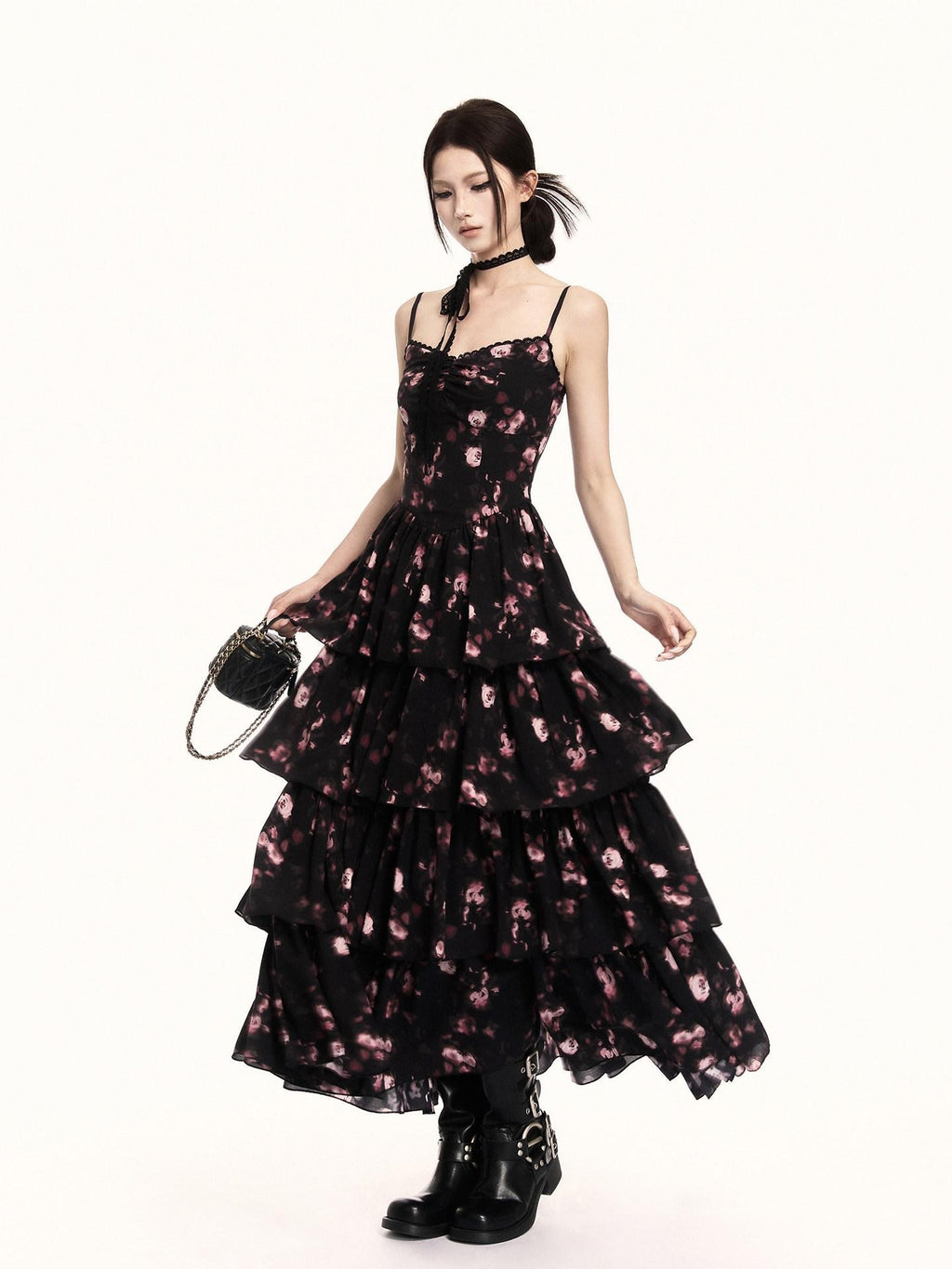 VOCK Cherry Blossom Floral Spaghetti Strap Women's Polyester Boho Maxi Dresses