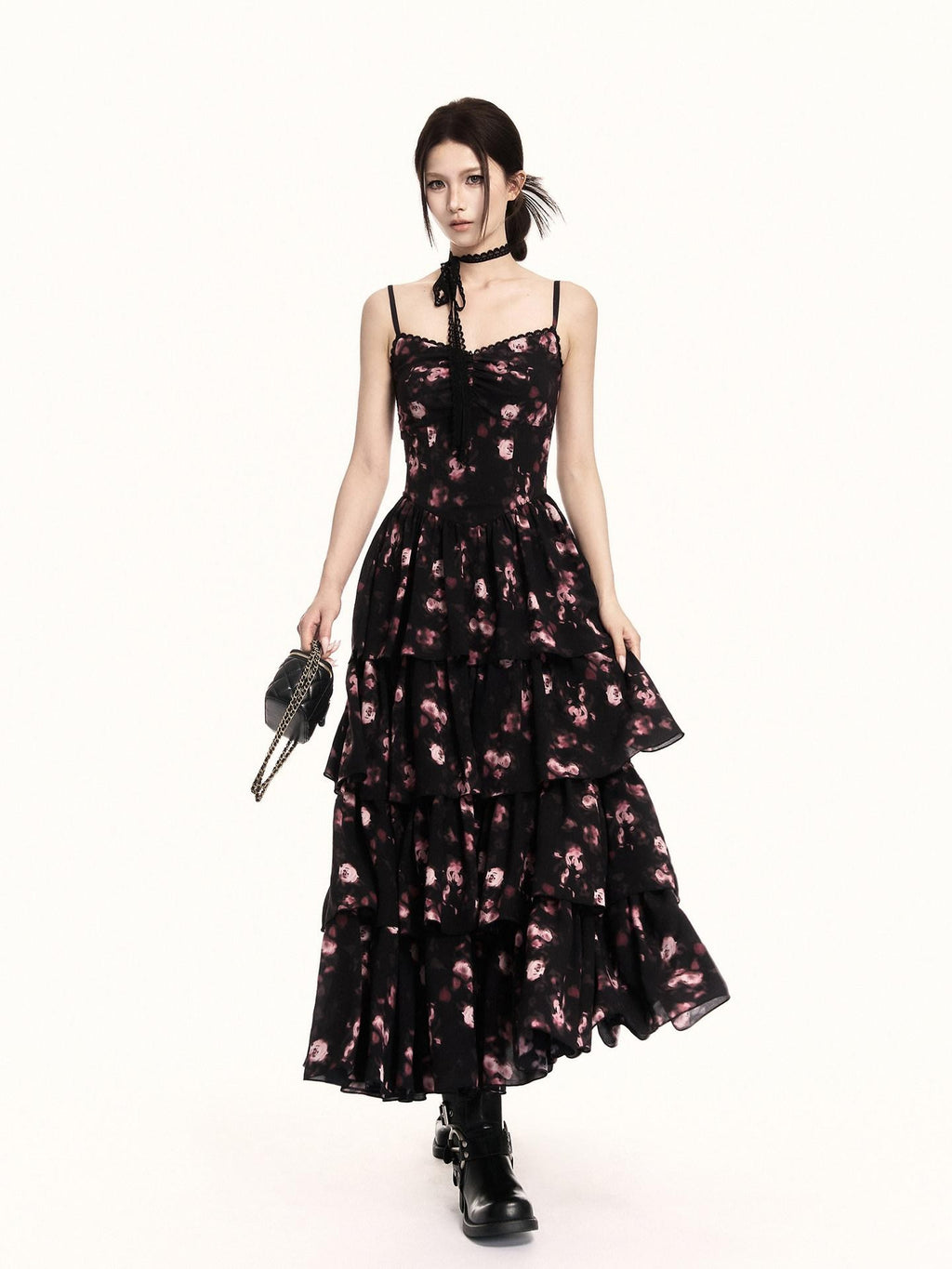 VOCK Cherry Blossom Floral Spaghetti Strap Women's Polyester Boho Maxi Dresses
