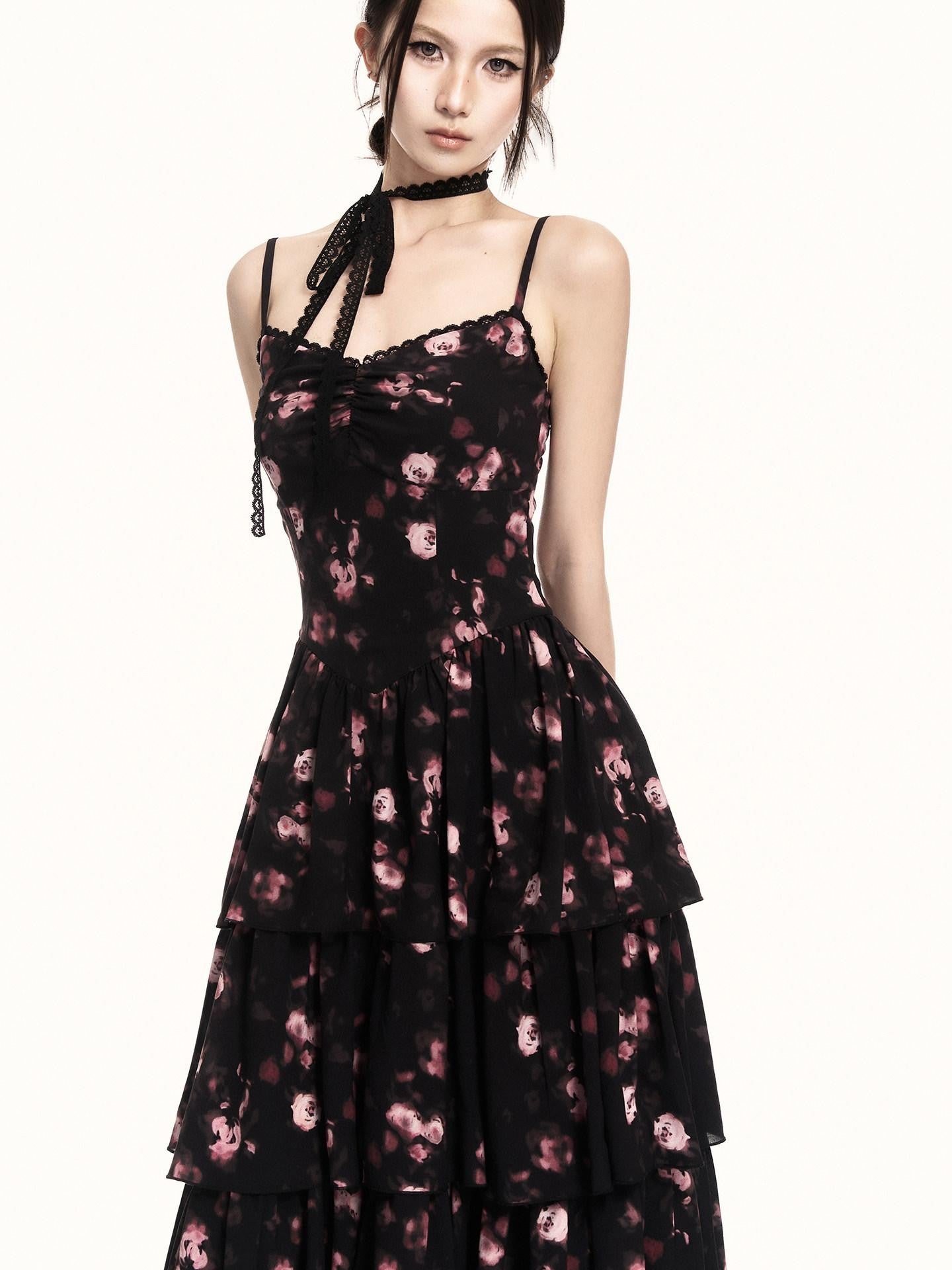 VOCK Cherry Blossom Floral Spaghetti Strap Women's Polyester Boho Maxi Dresses