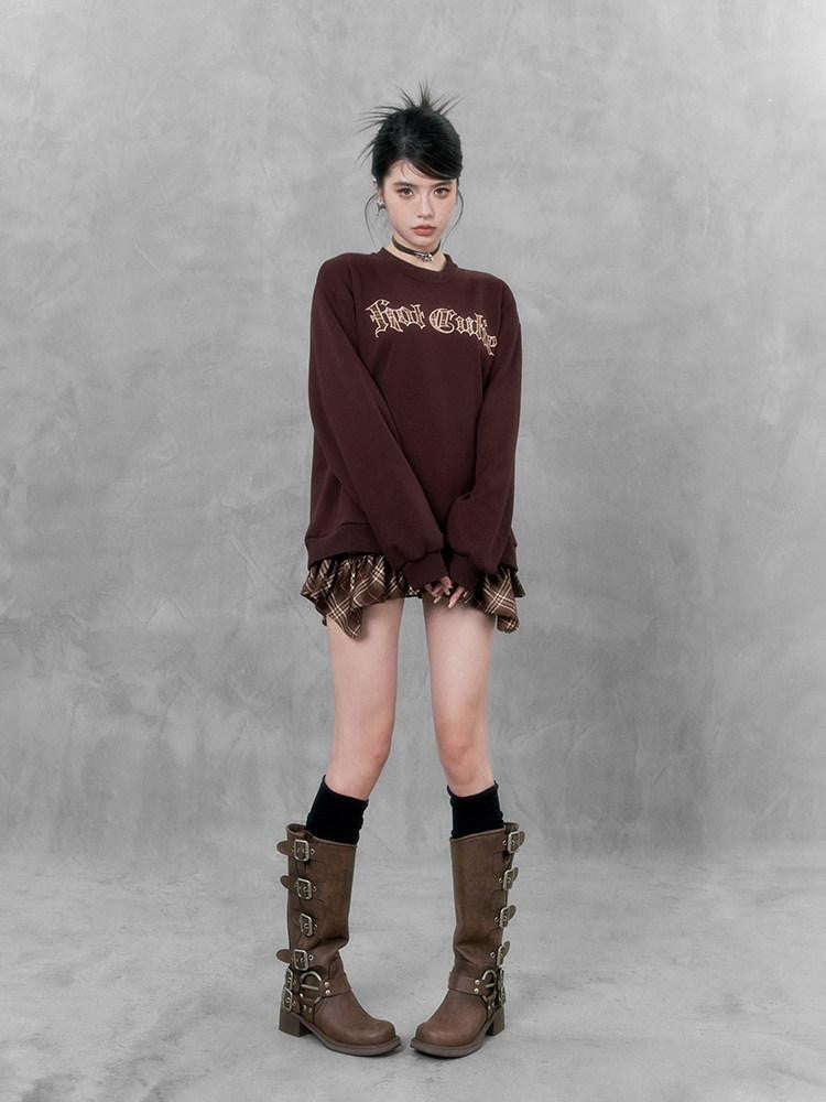 VOCK Chocolate Embroidered Crewneck Fleece Lined Women's Poly Cotton Sweatshirts
