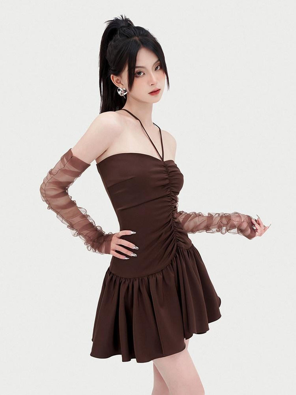 VOCK Chocolate Irregular Ruching A Line Women's Polyester Halter Mini Dresses