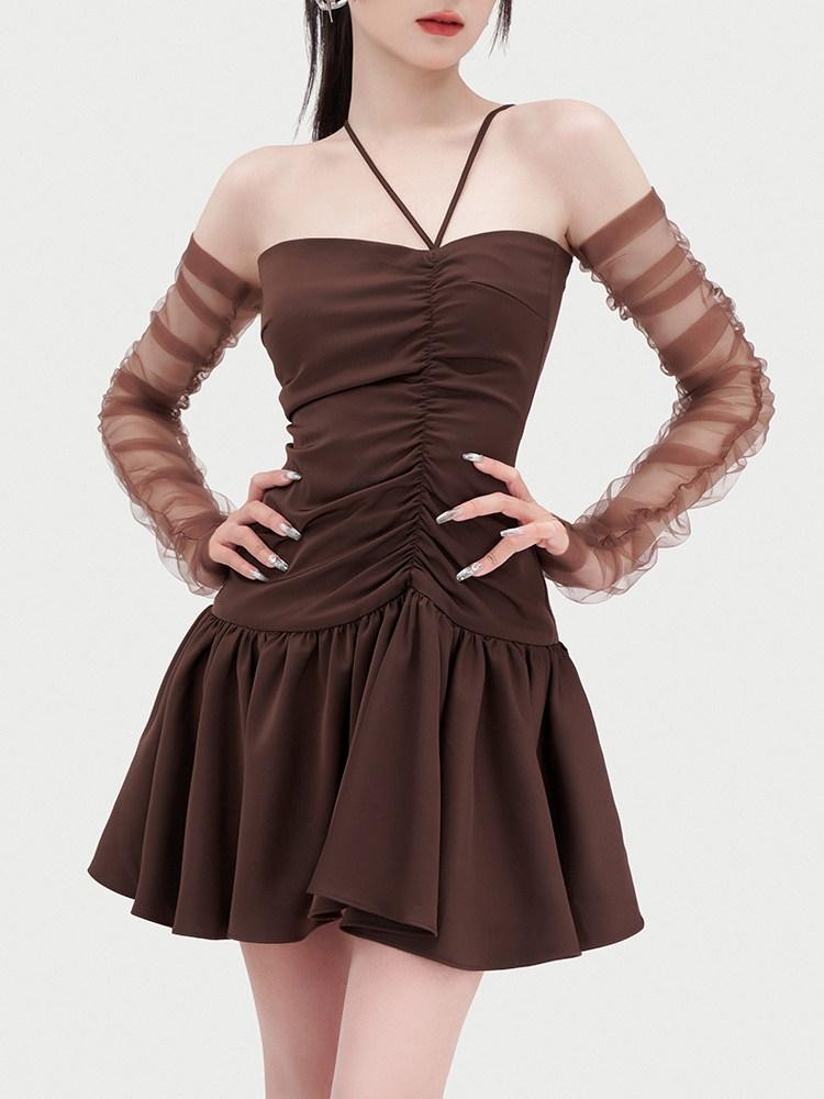 VOCK Chocolate Irregular Ruching A Line Women's Polyester Halter Mini Dresses