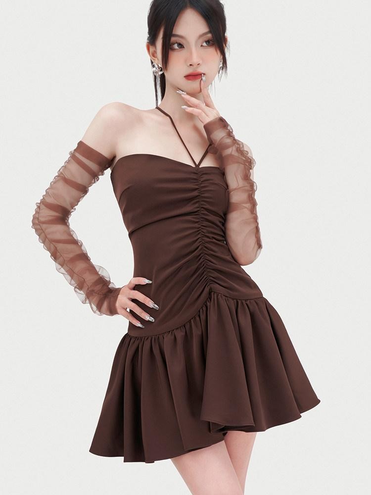 VOCK Chocolate Irregular Ruching A Line Women's Polyester Halter Mini Dresses