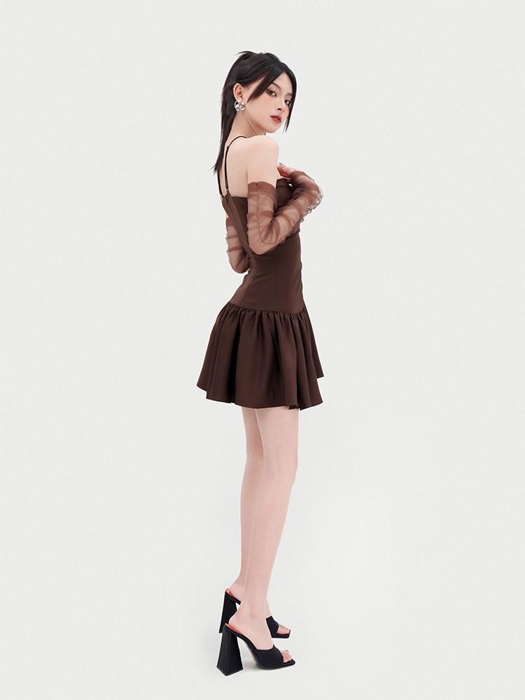 VOCK Chocolate Irregular Ruching A Line Women's Polyester Halter Mini Dresses