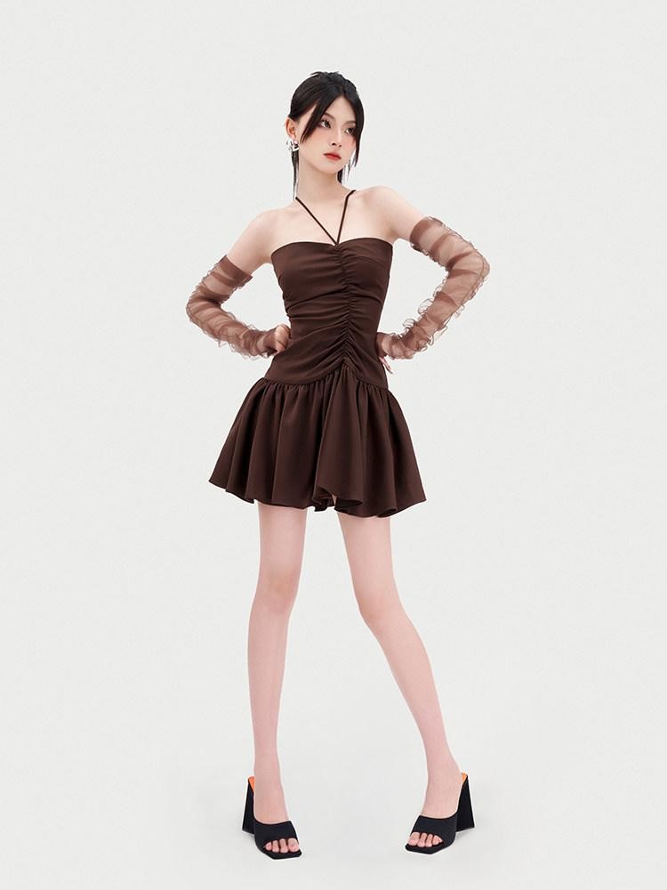 VOCK Chocolate Irregular Ruching A Line Women's Polyester Halter Mini Dresses