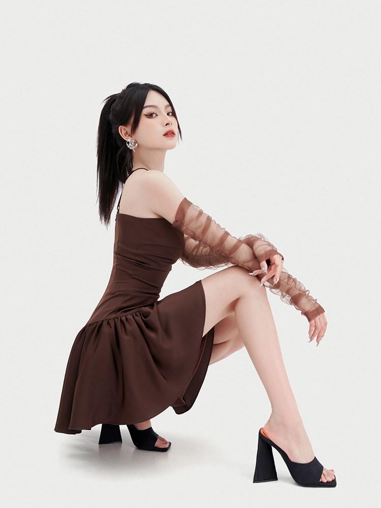 VOCK Chocolate Irregular Ruching A Line Women's Polyester Halter Mini Dresses