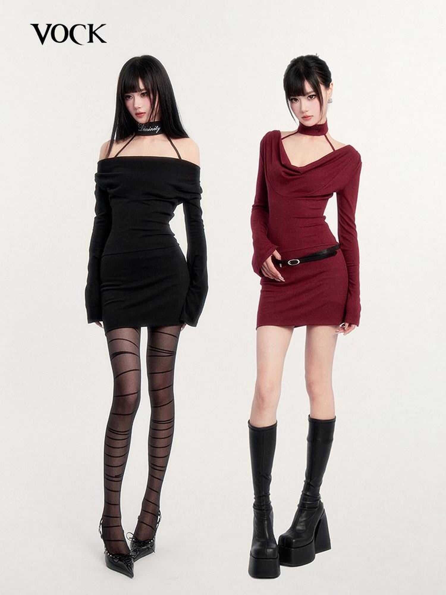 VOCK Choker Plunging Neckline Bell Sleeve Women's Knit Bodycon Mini Dresses