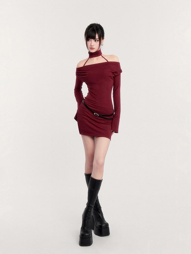VOCK Choker Plunging Neckline Bell Sleeve Women's Knit Bodycon Mini Dresses
