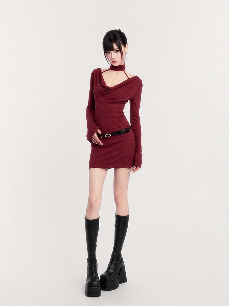 VOCK Choker Plunging Neckline Bell Sleeve Women's Knit Bodycon Mini Dresses