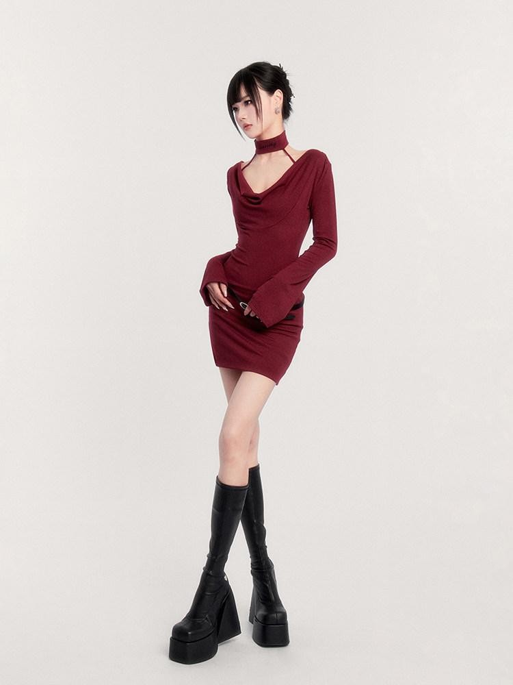 VOCK Choker Plunging Neckline Bell Sleeve Women's Knit Bodycon Mini Dresses