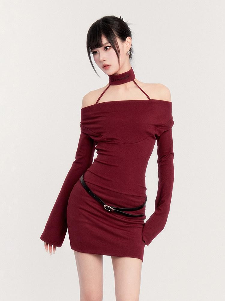 VOCK Choker Plunging Neckline Bell Sleeve Women's Knit Bodycon Mini Dresses