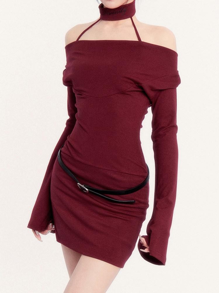 VOCK Choker Plunging Neckline Bell Sleeve Women's Knit Bodycon Mini Dresses