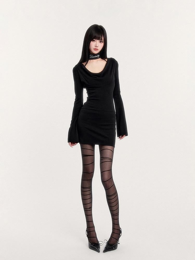 VOCK Choker Plunging Neckline Bell Sleeve Women's Knit Bodycon Mini Dresses