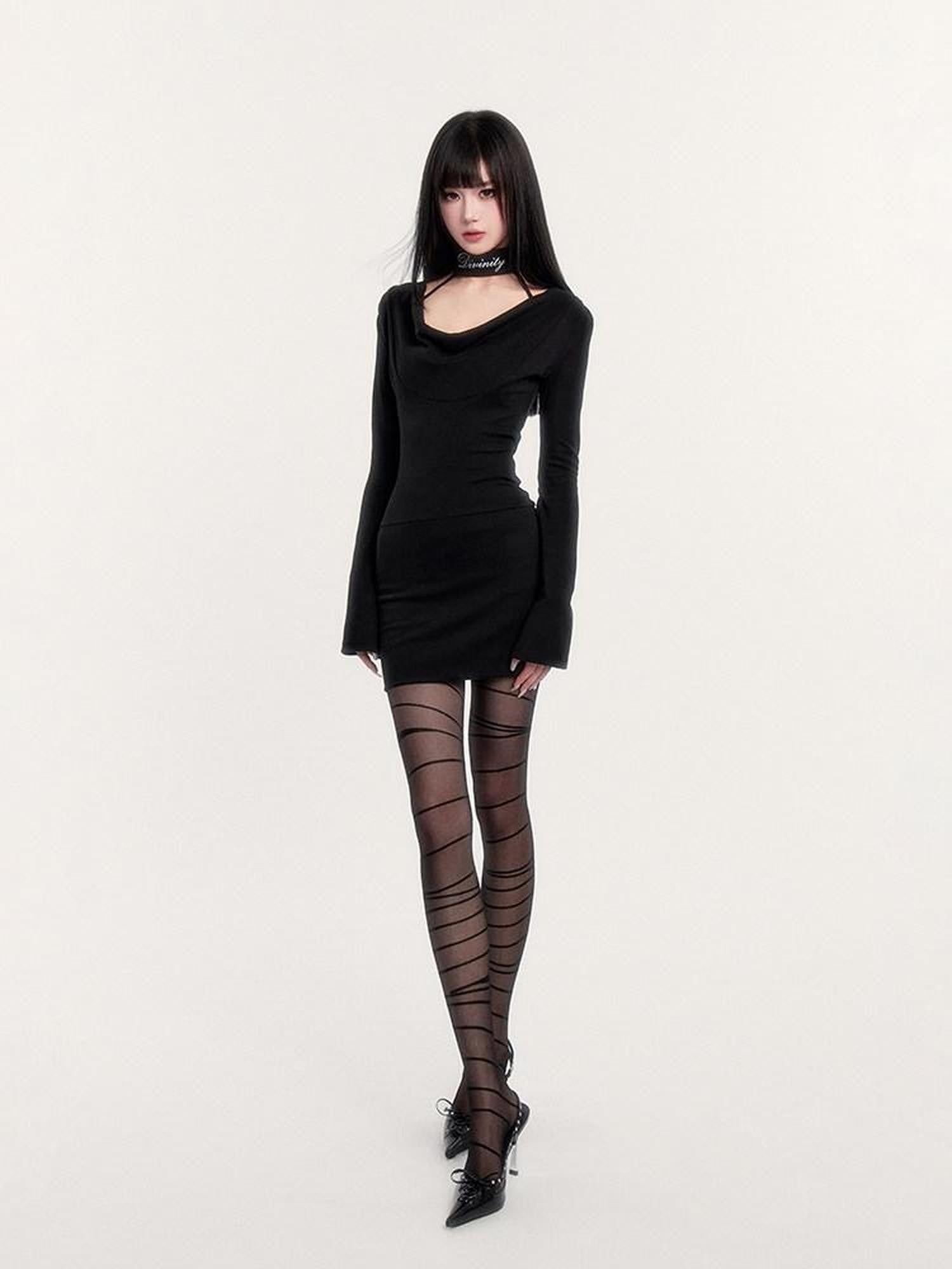 VOCK Choker Plunging Neckline Bell Sleeve Women's Knit Bodycon Mini Dresses