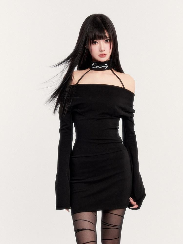 VOCK Choker Plunging Neckline Bell Sleeve Women's Knit Bodycon Mini Dresses
