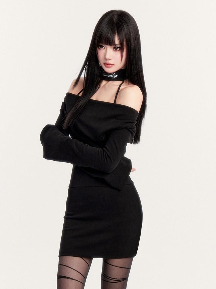 VOCK Choker Plunging Neckline Bell Sleeve Women's Knit Bodycon Mini Dresses